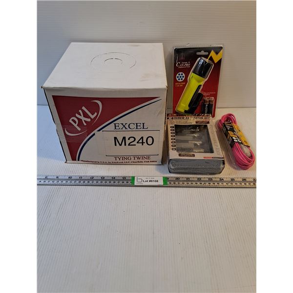 (1) Box of Tying Twine,Screw Extractor Kit,Flashlight and Extension Cord