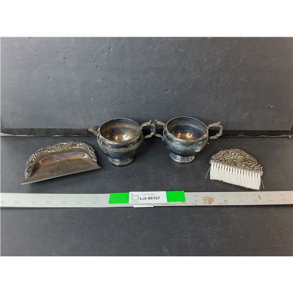 Electroplated Copper Creamer, Sugar Bowl & Hand Broom/Dustpan