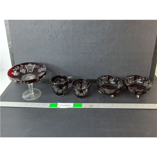 Red Crystal Dish Set- Creamer, Sugar Bowls, Misc.