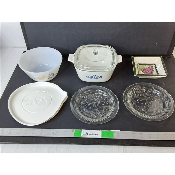 Corning Ware Casserole Dish, Fire King Bowl, Glass Dessert Plates, Misc.