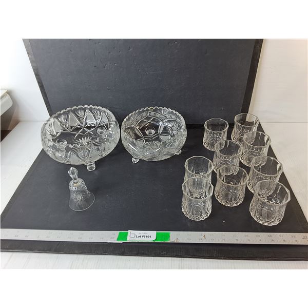 (9) Glasses, (2) Crystal Punch Bowls & Bell
