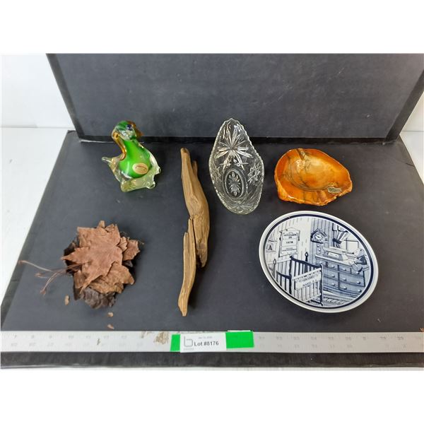 Alabaster Ashtray, Glass Dog Figurine, Driftwood, Misc.