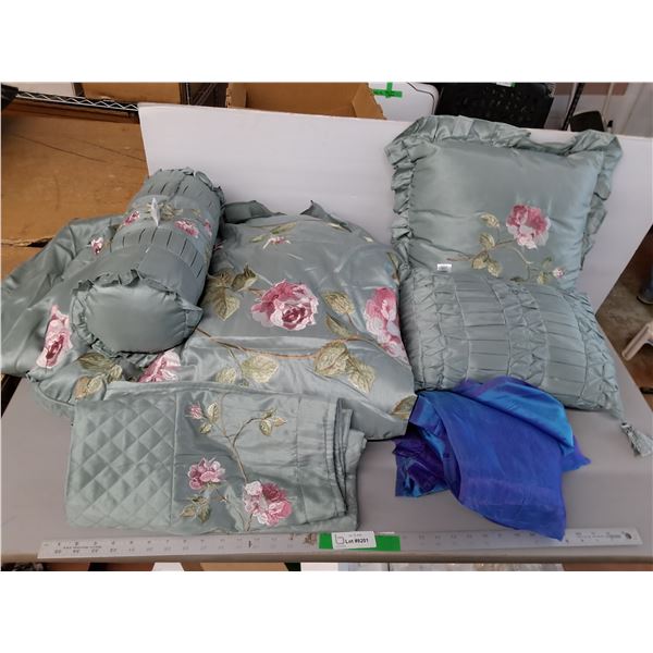 Throw Pillows, Approx. Queen Size Blanket, Sheets of Fabric, Misc.