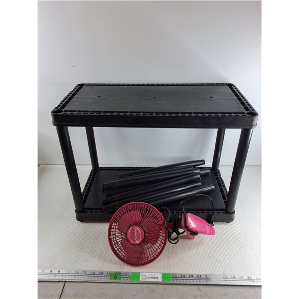 2 Tier Shelf Rack 18" x 24" x 12", Clip On Sunbeam Electric Fan - Powers On, As Is, PICKUP PREFERRED