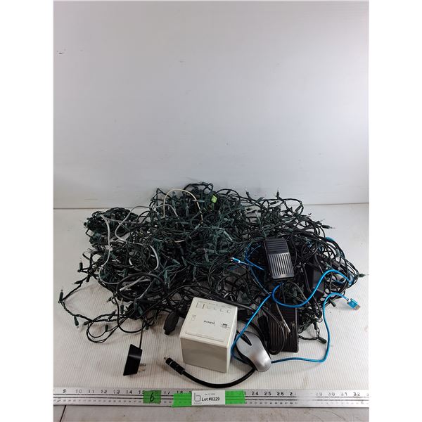 Christmas Tree Lights, Sewing Machine Pedal, Sony AM/FM Alarm Clock, HDMI Cable, USB Charger Cord