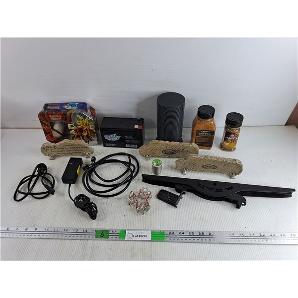 Pokemon Card Box, BBQ Seasoning, Assorted Cords, AGM 12V 8Ah 20HR Battery, Hair Clip, Misc