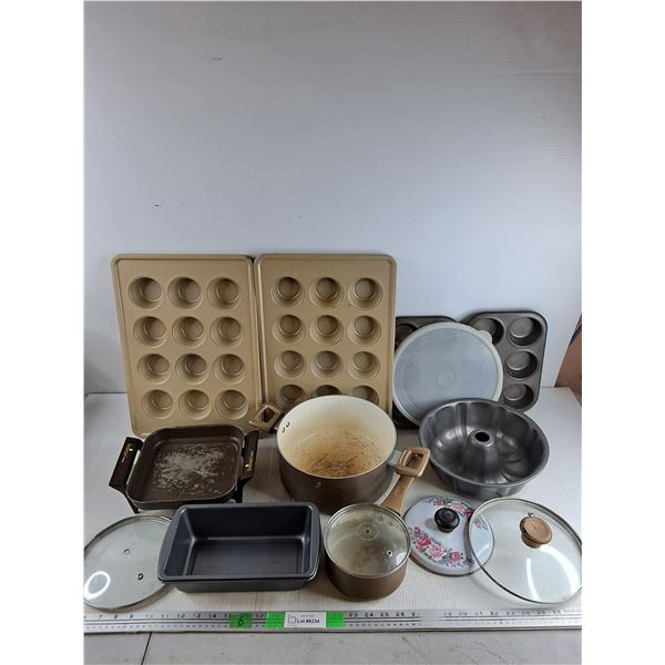 Cupcake Trays, Loaf Pan, Bundt Pan, 9 5/8" & 6" Cooking Pots , Lids, Misc