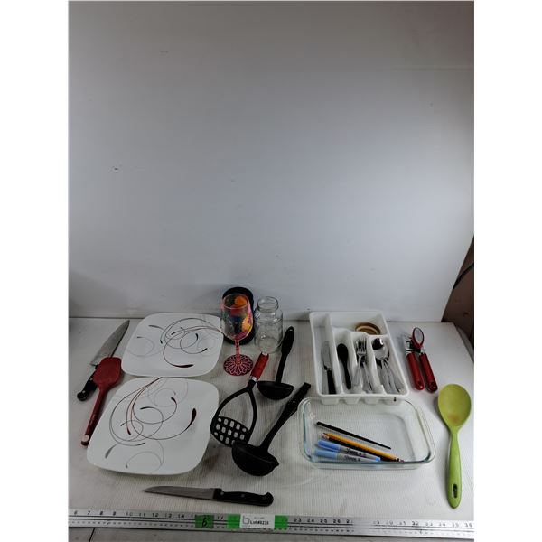 (2) Ceramic Dining Plates 10 1/2", Kitchen Knives, Cutlery, Ladles, Cultery Tray, Can Opener, Misc