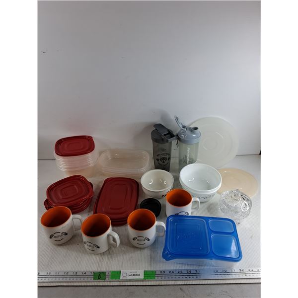 (12) Ziploc & Rubbermaid Food Containers w/Lids, Nehiyaw Ceramic Mugs, Shakers, Glass Candy Dish