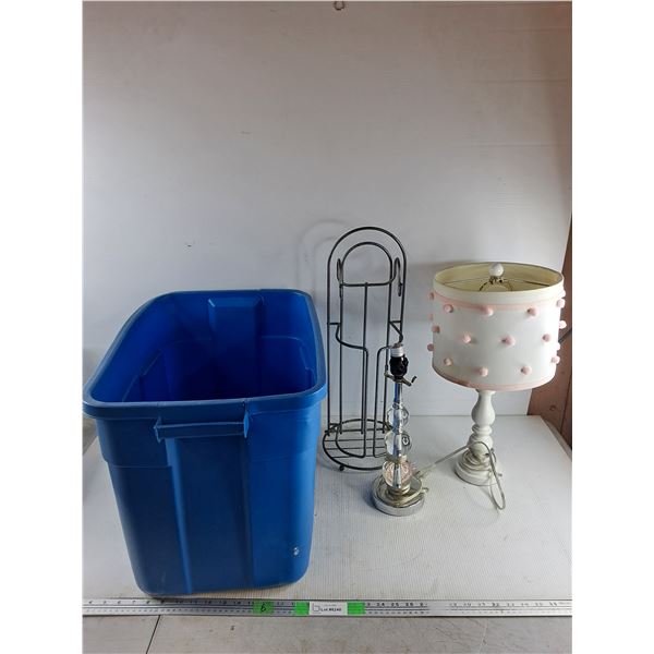 White Wooden Table Lamp - Powers On, Glass Stacked Orb Lamp - As Is, Wire Holder/Stand, Plastic Tote