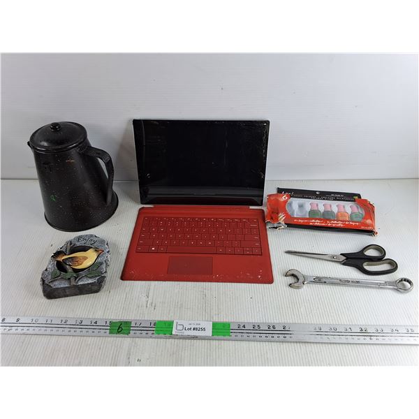 Enamel Coffee Pot, Scissors, Combination Wrench, Nail Polish, 12" Tablet, As Is, Misc