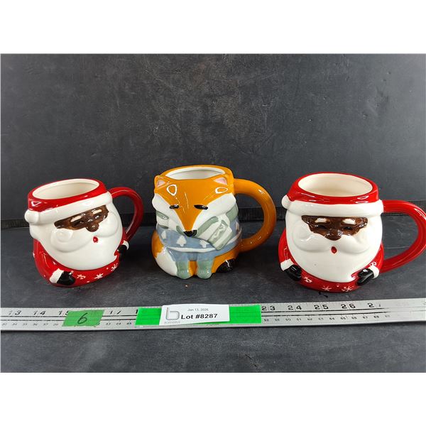 Ceramic Fox Style Mug, (2) Stoneware Christmas Santa Claus Mugs