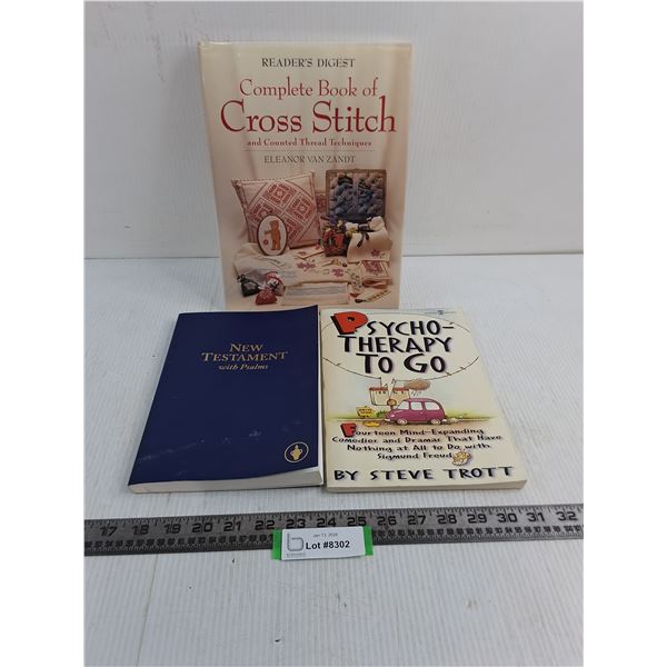 (3) Books (Cross Stitch, Gideon Bible, Psycho-Therapy To Go)