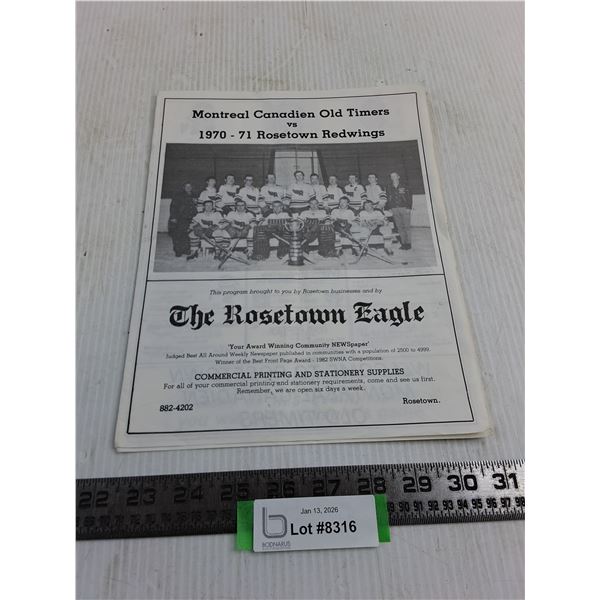 Montreal Canadiens Old Timers vs. 1970-71 Rosetown Redwings Game Program