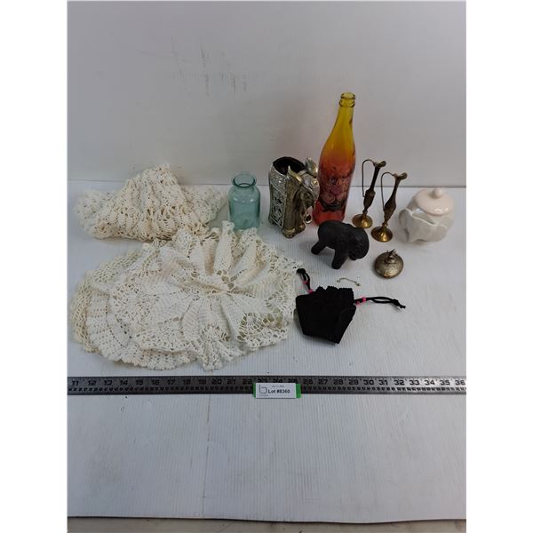 Assorted Elephant Ornaments/Teapot, Brass Vases, Doilies, Misc.