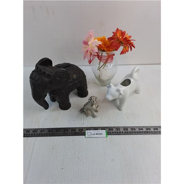 Elephant Coin Bank, Metal Dog Clock, Cow Cream Pitcher, Vase w/Faux Flowers