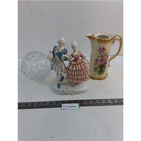 Rococo Style Porcelain Couple Ornament, Crystal Vase, Victorian Pitcher