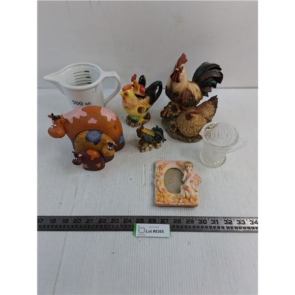 Assorted Farm Animal Ornamental Decor, Fantasy Picture Frame, Ceramic Measure Pitcher, Glass Creamer
