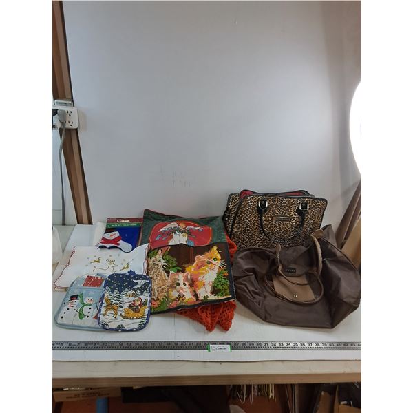(2) Travel Bags, Table Doilies, Christmas Table Linens - Some Stains, Misc.