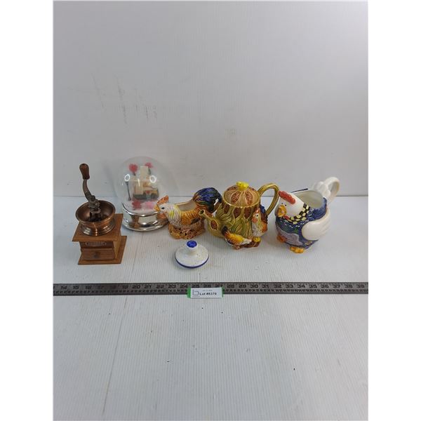 Coffee Grinder, Windmill Globe, Rooster Teapot/Creamer/Pitcher