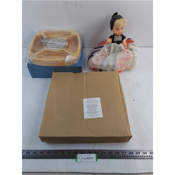 NIB 4-Pack of Gold Dining Chargers, (2) Wooden AVON Chip & Dip Bowls, Vintage Doll w/Large Skirt