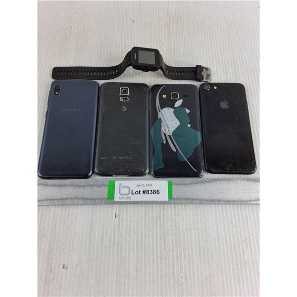 (4) Cell Phones-(1) Apple and (3) Samsung and Garmin Watch-all untested-as is