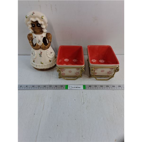 Vintage Ceramic Burlap Doll Utensil Holder and (2) Temptations Presentable Ovenware