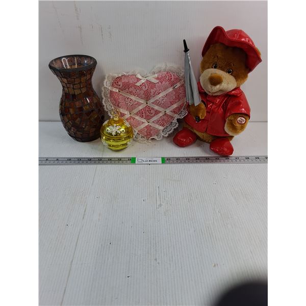 Singing in the Rain Teddy Bear (as is),Upholstered Heart Organizer,Trinket  Holder,Stained Glass Vas