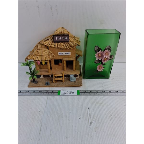 Tiki Hut Bird House and Green Glass Vase