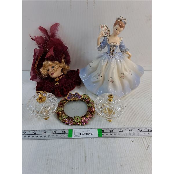 Ceramic Doll in Gown,Doll Head,(2) Trinket Dishes and small picture frame