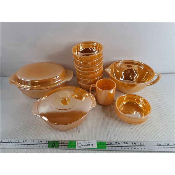 Fire-King Peach Lustre Kitchen Lot - Covered Casseroles, Bowls, Mug - Vintage - PICK UP ONLY