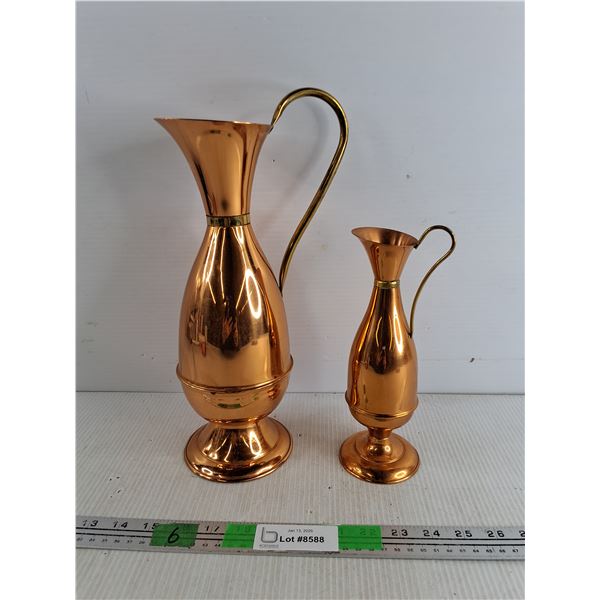 (2) Vintage Copper Ewers/Decorative Pitchers - 13" & 9"