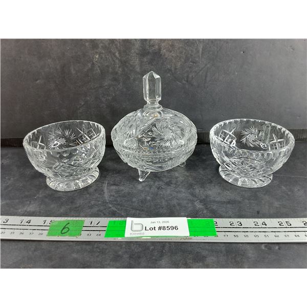 Cut Crystal Footed Bowls & Covered Candy Dish Set