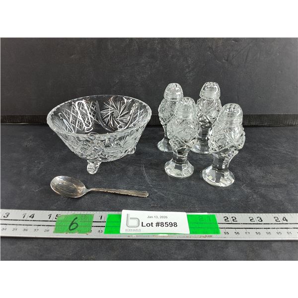 Crystal Sugar Bowl, Silver Tea Spoon, Vintage Silver Salt & Pepper Shakers