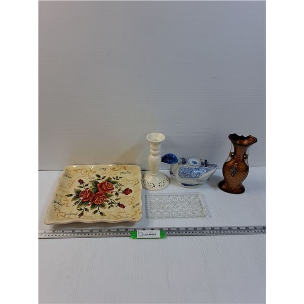 Lot: Duck Teapot, Floral Platter, Vases, Misc