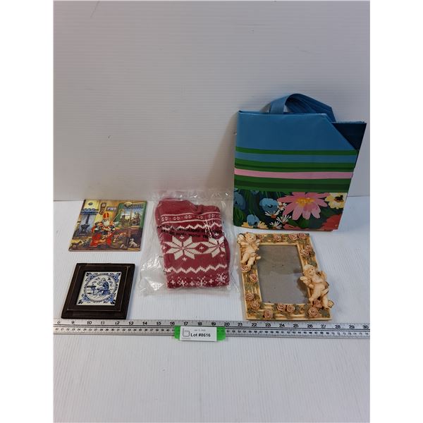 Lot: Decor Tiles, Knitted Stocking (New), Angel Mirror, Shopping Bag