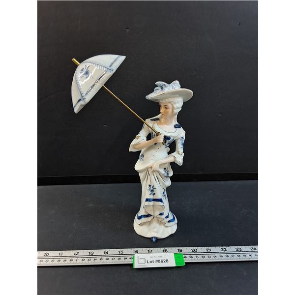 Renaissance Blue & White Lady w/Umbrella Figurine - 12" Tall
