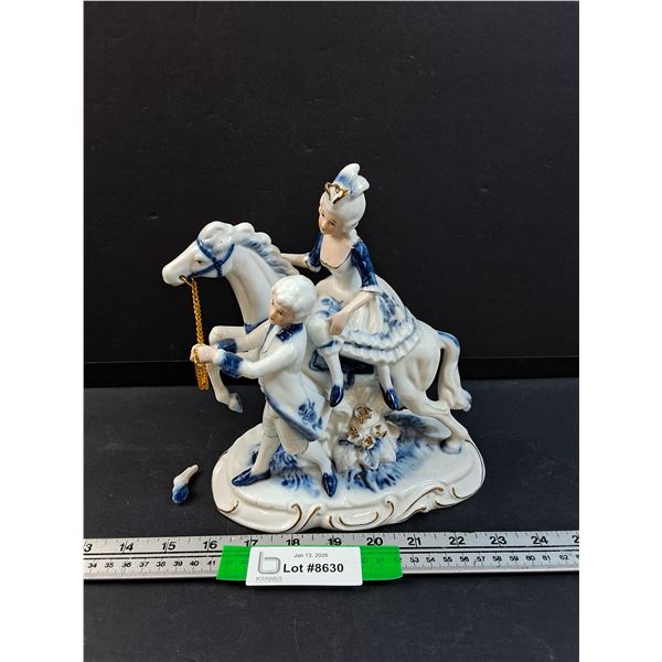 Blue & White Couple w/Horse Figurine (One Hoof Needs TLC) - 9" Tall