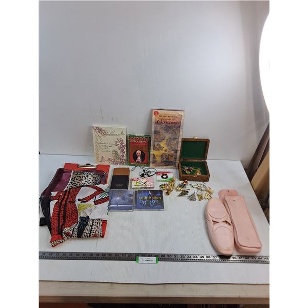 Christmas Music CD's & Cassettes, Scarves, Slippers, Christmas Brooches, Plaque, Misc.