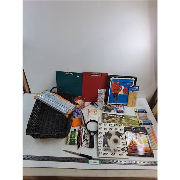 Wicker Tray 13" x 17", Assorted Stationery/Paint Supplies, Misc.