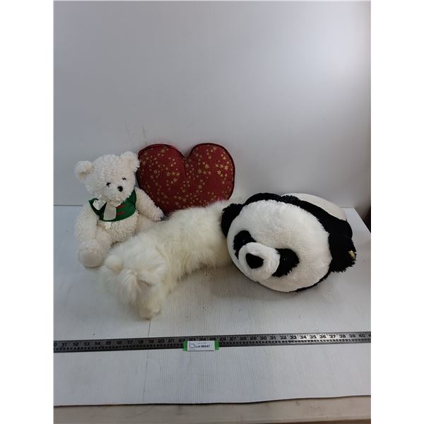 (3) Stuffies (Teddy Bear, Cat, Panda), Heart-Shaped Throw Pillow