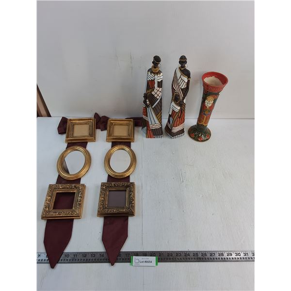 Pair of Wall Ribbons w/Picture Frames & Mirrors, African Decor, Santa Vase