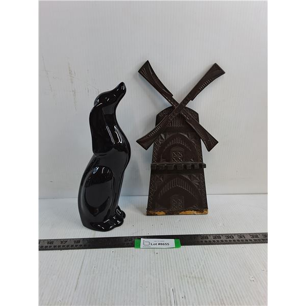 Porcelain Dog Ornament, Windmill Wall Decor - As is