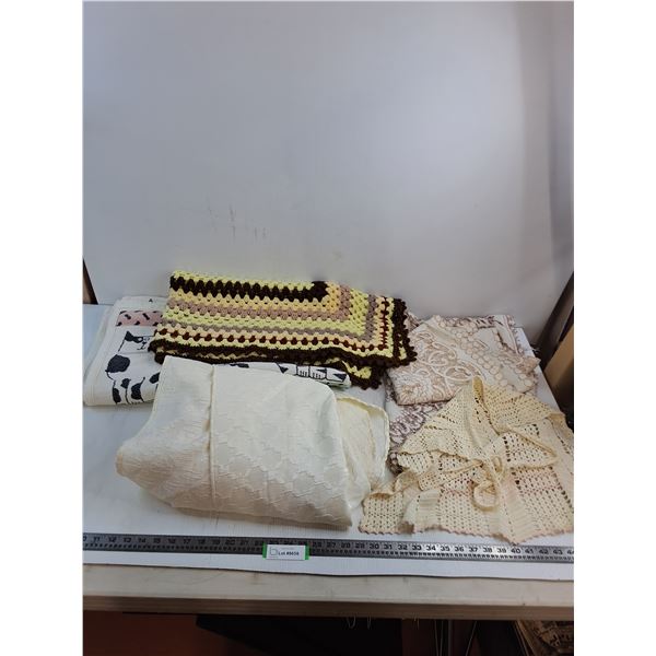 Full Size Bed Skirt, 58" x 46" Cat Blanket, Assorted Table Cloths & Linens - Some Stains, Apron