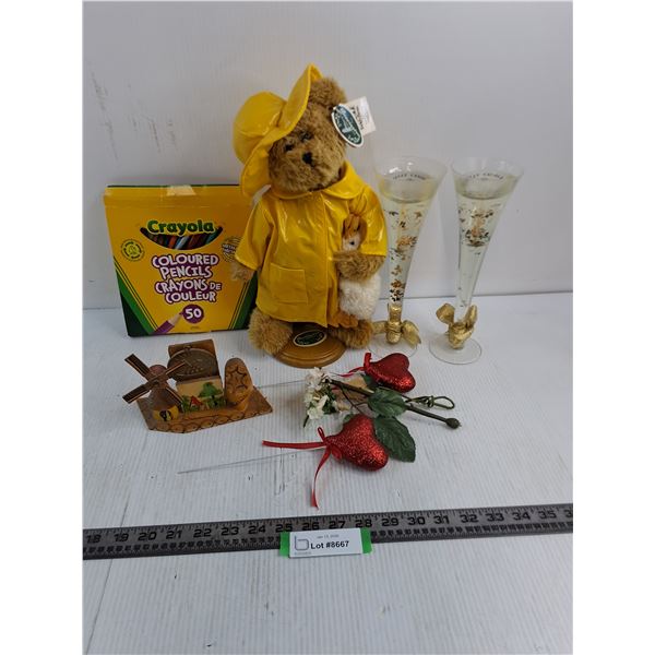 Bearington Bear w/Stand, Dutch Wooden Ornament, Jelly Candles, Pencil Crayons, Misc.