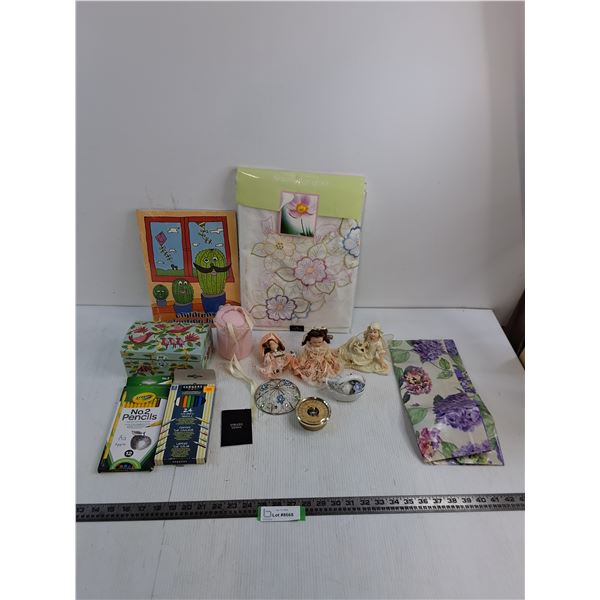 Round Table Cloth, Doll Ornaments, Pencil Crayons, Treasure Chest, Barometer, Misc.