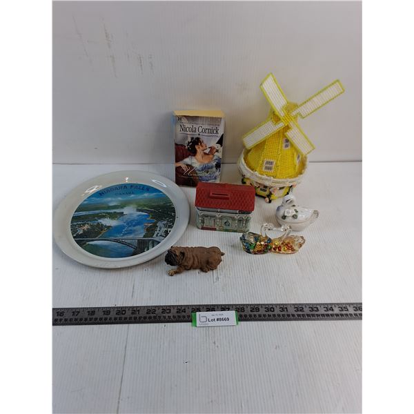 Crocheted Windmill Music Box - Working, Bulldog & Swans Ornaments, Coin Bank, Niagara Falls Tray