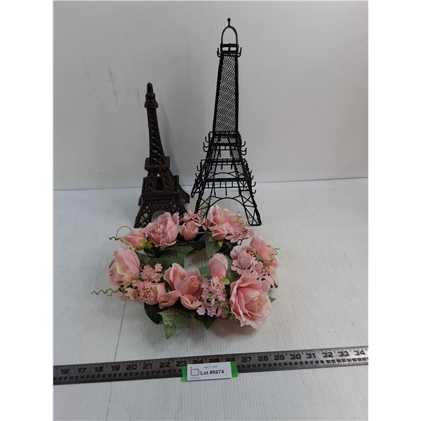 (2) Eiffel Tower Metal Art (Candle Holder, Key Holder), Faux Flower Wreath