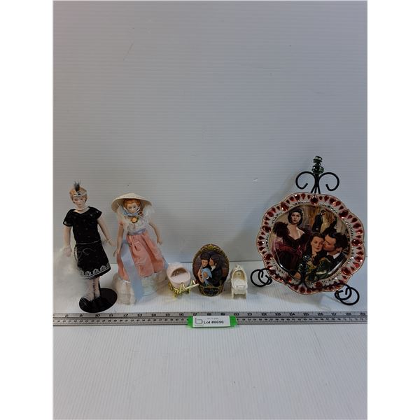 Decor Lot: Gone with the Wind Plate, Phantom of the Opera, Baby Carriages (One with Necklace), (2) P