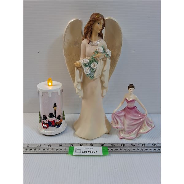 Lot: Royal Doulton Pink Lady Figurine, Angel, Snowman Lighted Candle (Battery)